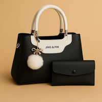 Pink & Navy Blue Rexine Handbag Set with Detachable Strap