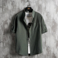 Men Plus Size Solid Green Short Sleeve Shirt Summer Cotton