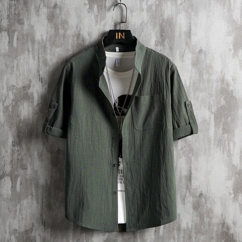 Men Plus Size Solid Green Short Sleeve Shirt Summer Cotton