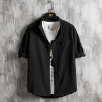 Men Plus Size Solid Green Short Sleeve Shirt Summer Cotton
